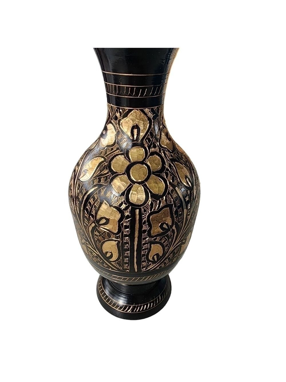 Vintage Indian Brass bud vase etched gold black floral design - Picture 6 of 15